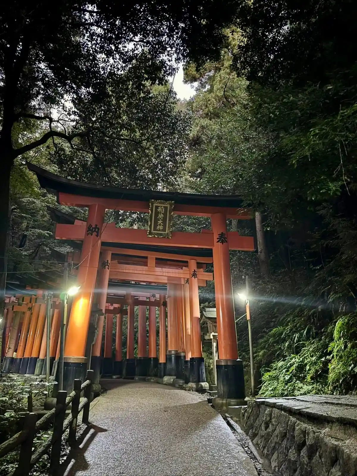 Allée torii de nuit Fushimi Inari Taisha Kyoto Japon