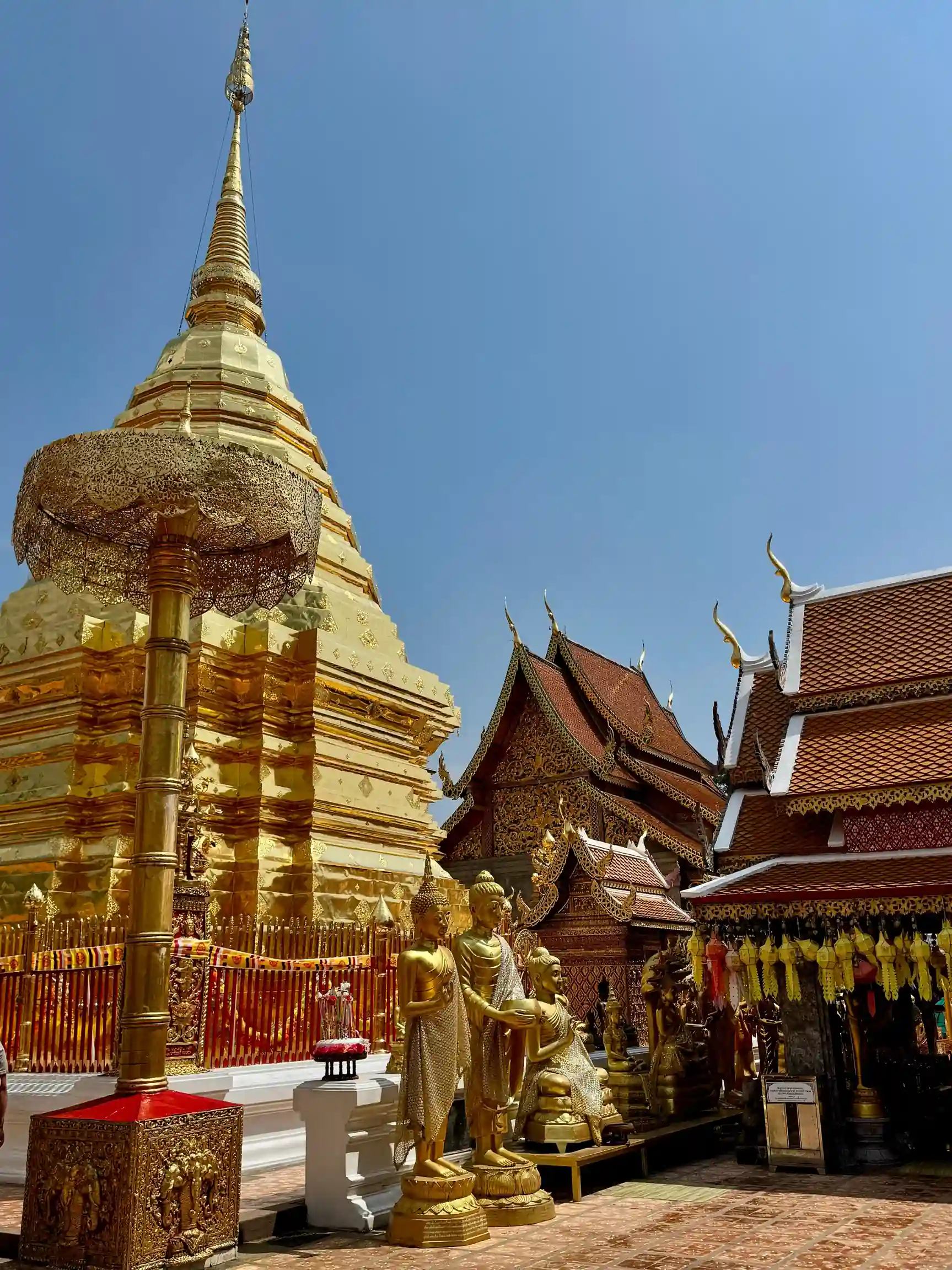 Chedi doré pagode toits temple bouddhiste Chiang Mai Thaïlande