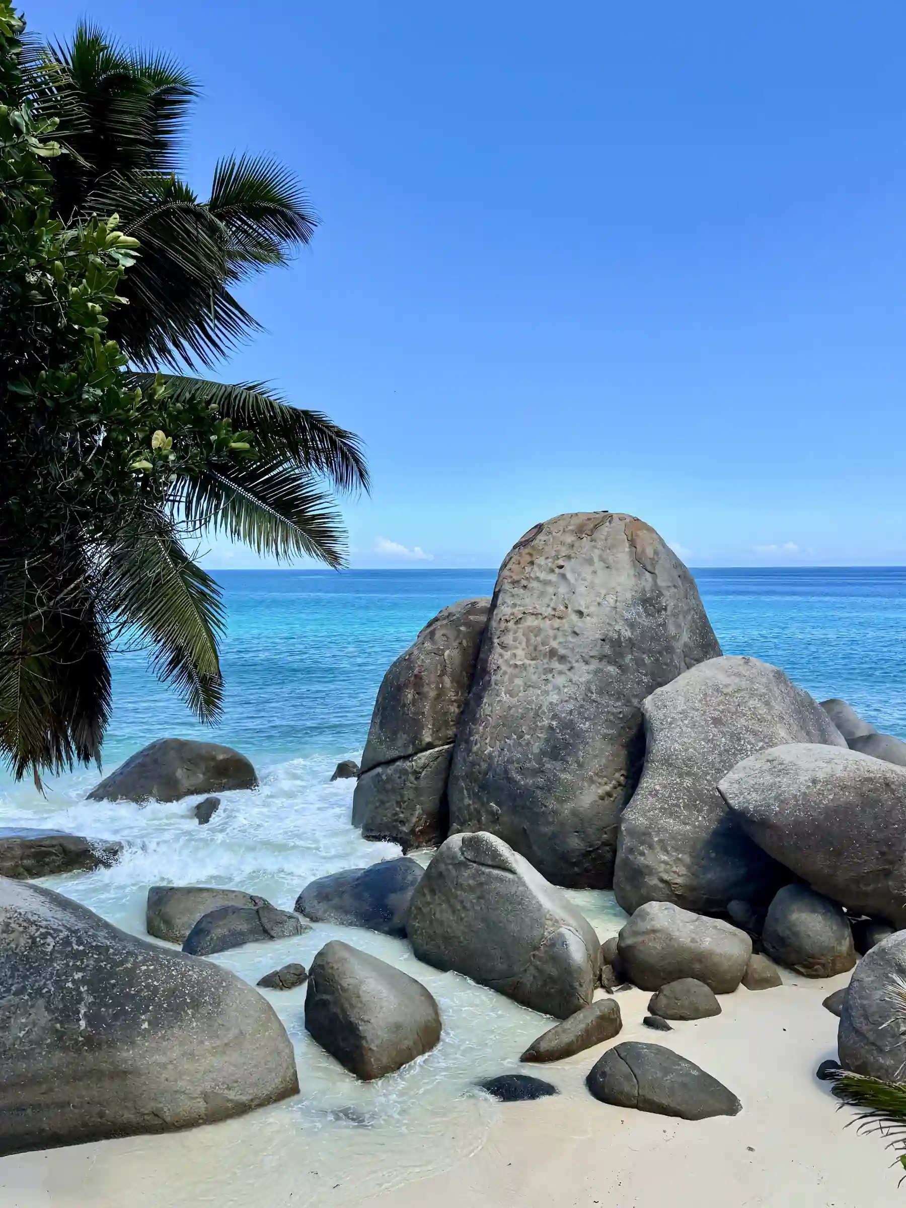 Rochers granitiques cocotier plage sable blanc Mahé Seychelles