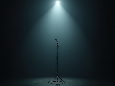 A solitary microphone on stage, symbolizing the loneliness of the music industry.