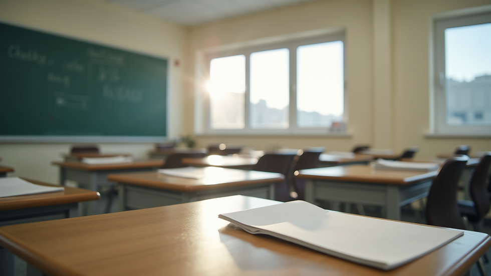 Wide angle view of a classroom with writing materials