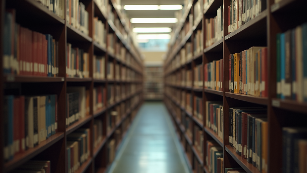 Eye-level view of a library with shelves filled with books