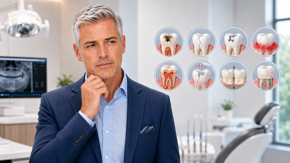 Paciente masculino de meia-idade em consultório odontológico, com expressão de preocupação e mão no queixo, ao lado de ilustrações das principais causas de dor de dente.