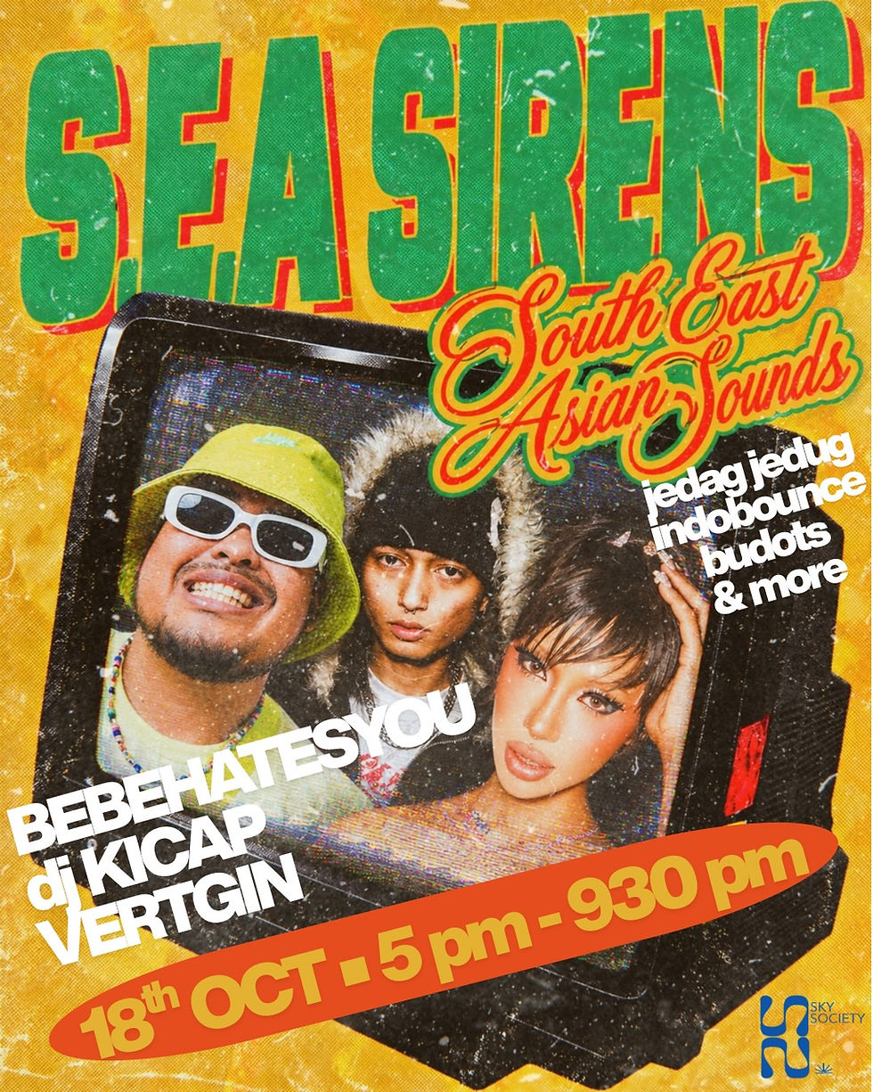 Retro poster for SEA SIRENS South East Asian Sounds, showing three faces in a TV frame with date 18th Oct, 5–9:30 pm.