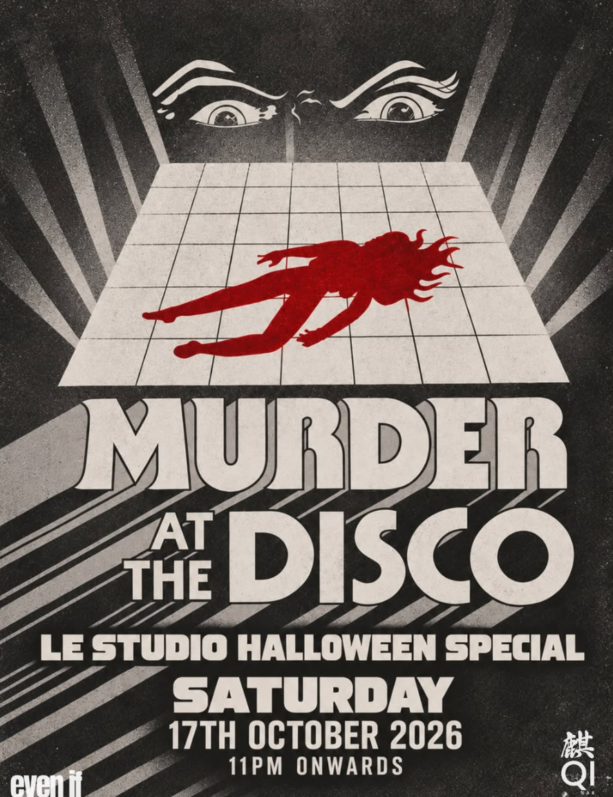 Retro black-and-white poster of a red body on a disco floor under staring eyes, titled Murder at the Disco, Halloween special.
