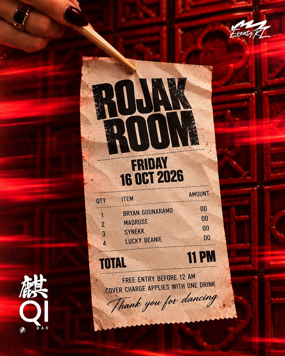 Hand with chopstick holds ROJAK ROOM club flyer in red neon; event details show Friday 16 Oct 2026 and 11 PM.