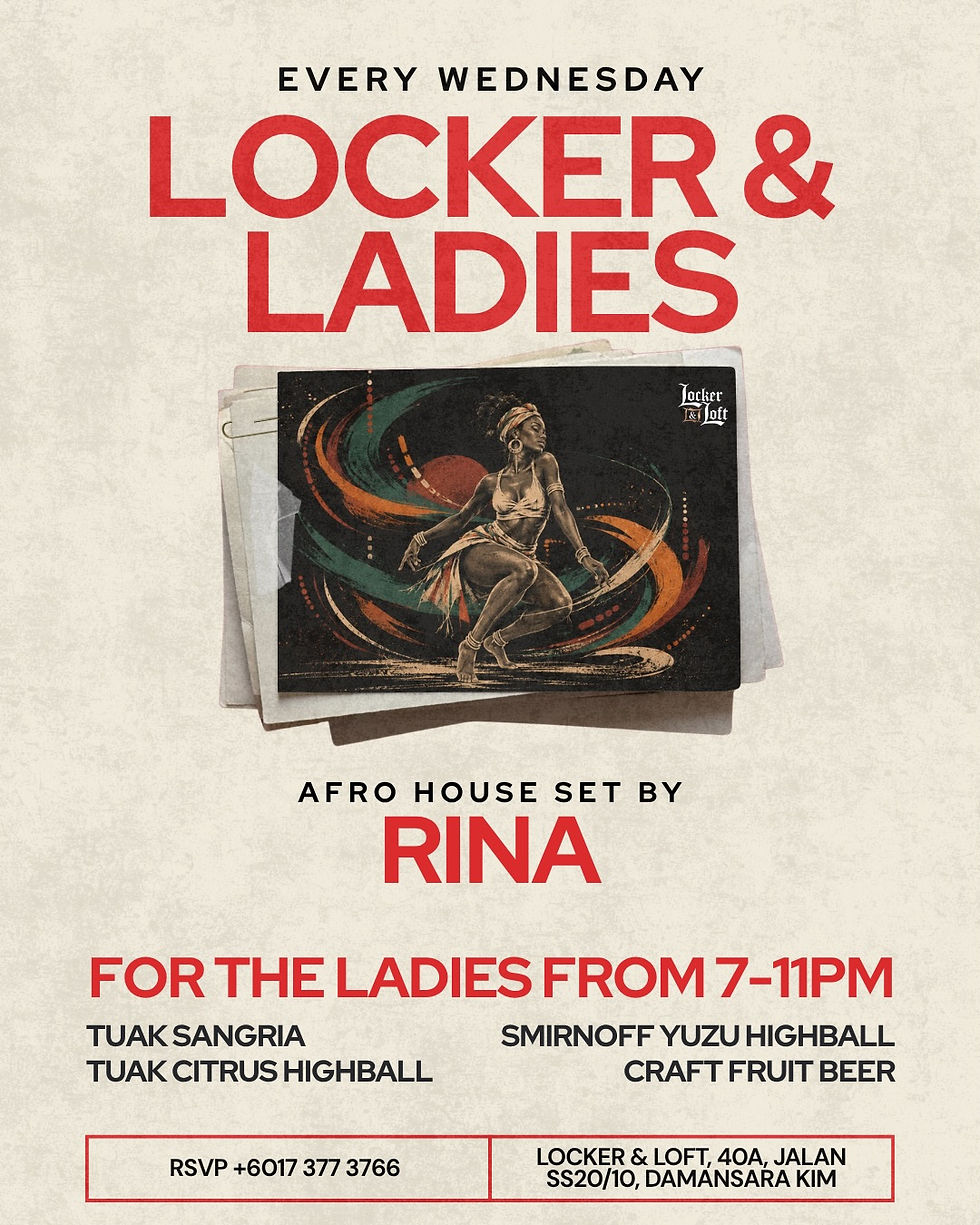 Poster for Locker & Ladies Wednesday Afro house set by Rina, 7–11 PM, with drinks, RSVP number, and dancer artwork