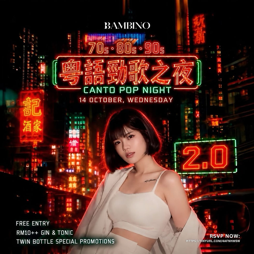 Neon nightclub poster with a woman in white before a cityscape, promoting Bambino Canto Pop Night, 14 October, free entry and drinks.
