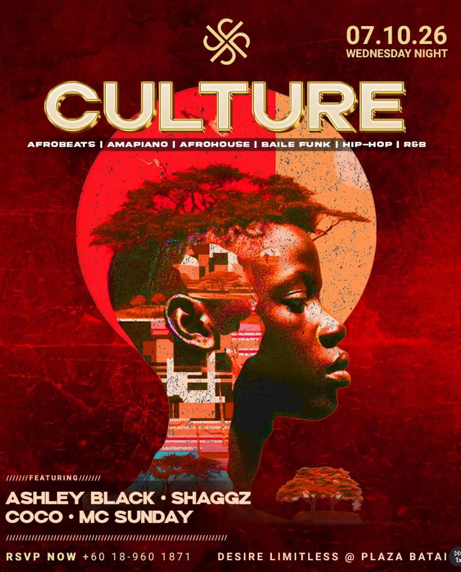 Red concert poster with profile of African head, CULTURE title, 07.10.26 Wednesday Night, genres and artists listed.