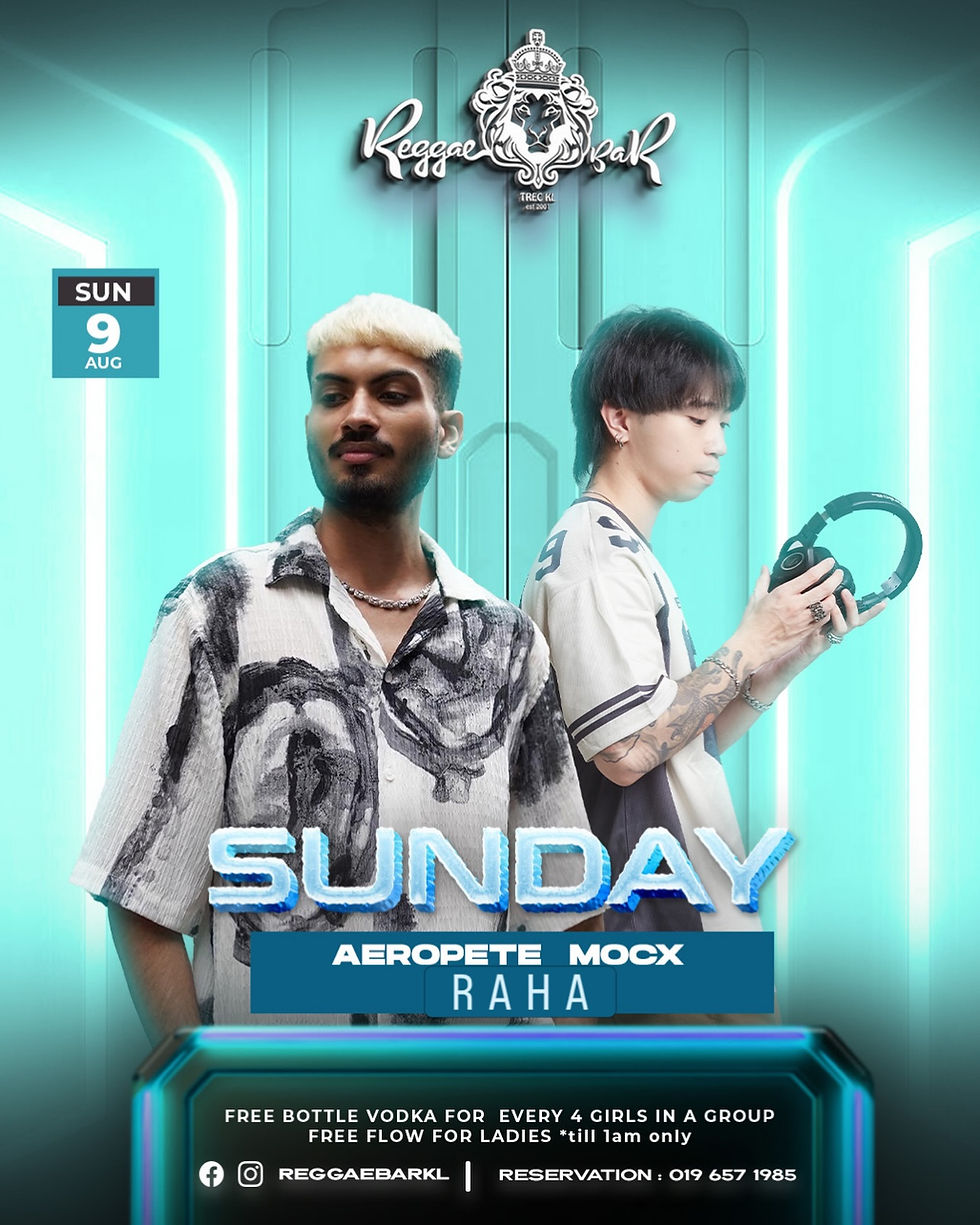 Two DJs on a teal reggae bar event poster, one in front and one with headphones; text: SUNDAY, AEROPETE MOCX, RAHA.