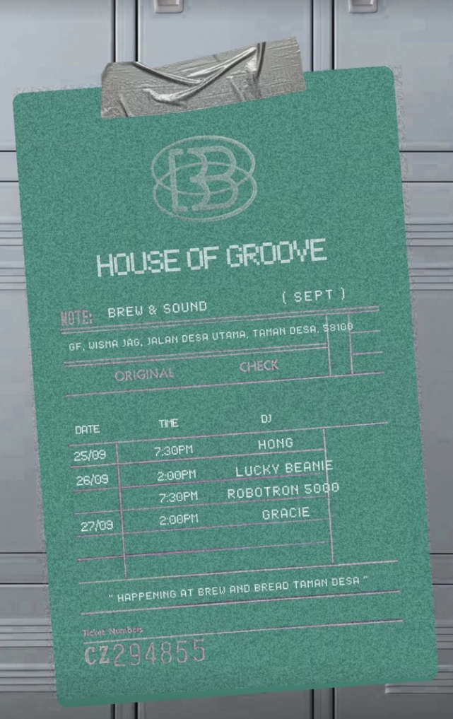 Green House of Groove brew and sound event poster on lockers, listing DJs and dates in white text, taped at top.