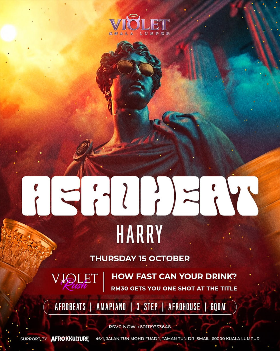 Violet Kuala Lumpur event poster with a blue statue in sunglasses, title Aerohouse, Harry, and drink contest details.