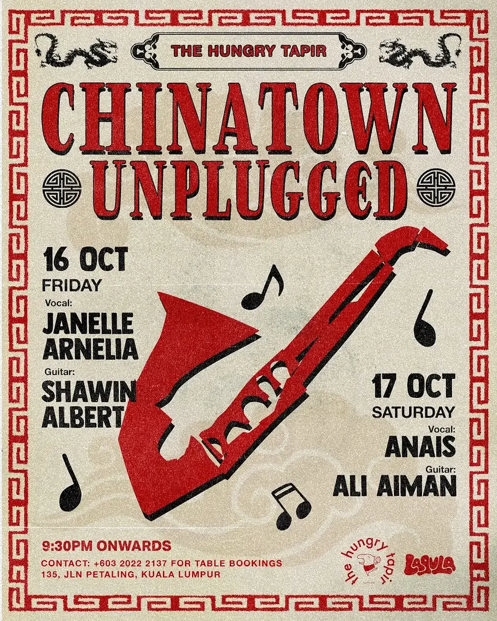 Red-and-black poster for The Hungry Tapir’s Chinatown Unplugged, Oct 16–17 in Kuala Lumpur, listing Janelle Arnellia and Anais.