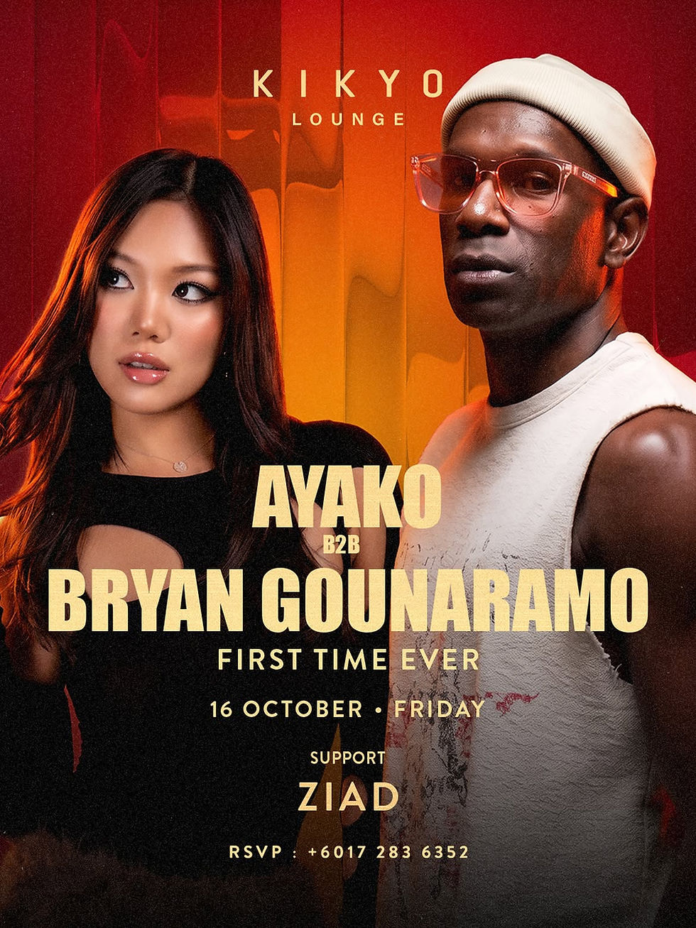 Red-orange DJ event poster with two portraits and text: KIKYO LOUNGE, AYAKO b2b BRYAN GOUNARAMO, 16 October Friday.