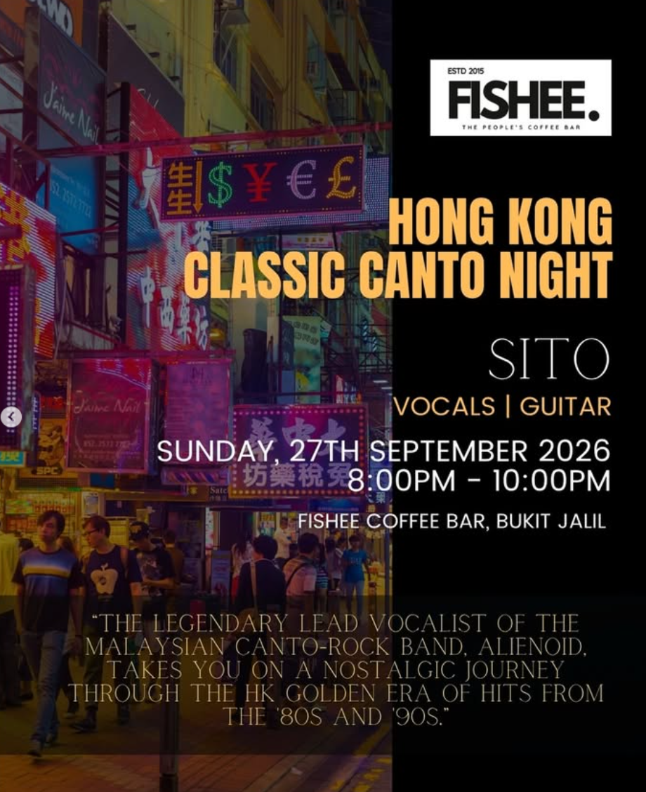 Hong Kong neon street poster for Fishee Coffee Bar’s Classic Canto Night, featuring Sito vocals/guitar, Sept. 27, 2026, 8–10pm.