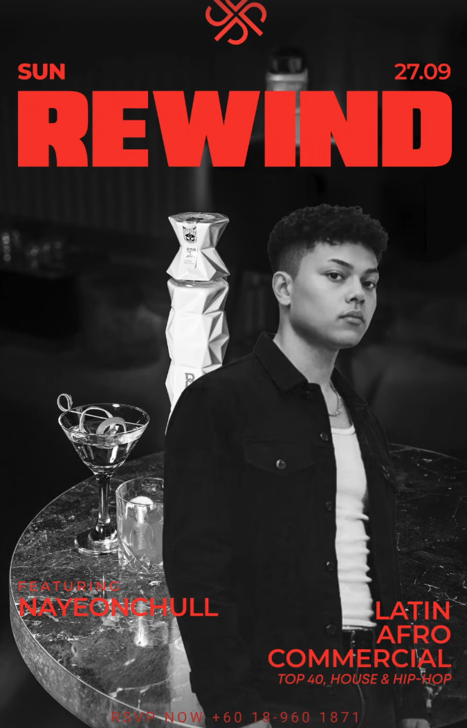 Promo poster of young man in black by cocktails on a marble table, with bold red REWIND and text featuring NAYEONCHULL, Sun 27.09