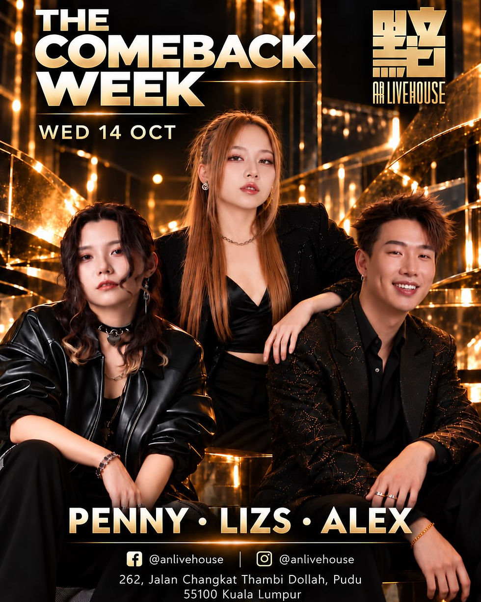 Three performers pose on a gold-lit promo poster reading The Comeback Week, Wed 14 Oct, Penny, Lizz, Alex.
