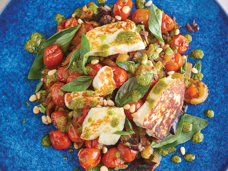 HALLOUMI WITH CAPONATA AND PESTO