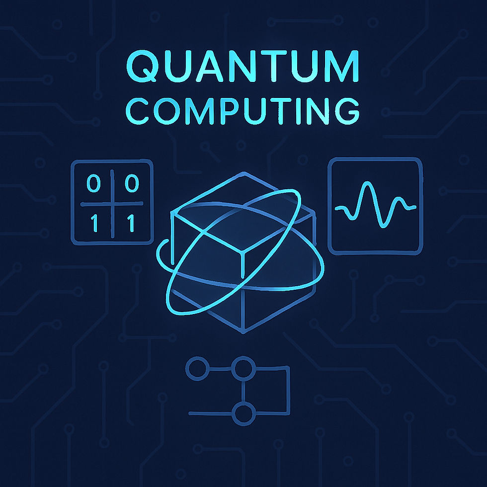 Blue digital design with "Quantum Computing" text, circuits, binary grid, waveform, and cube in center. Futuristic tech theme.