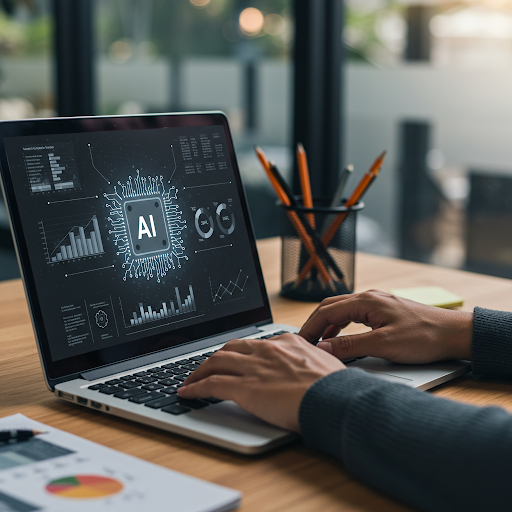 Hands typing on a laptop displaying "AI" and graphs. Pencils in a holder are in the background. Office setting, modern and focused ambiance.