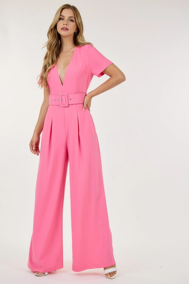 Belted Waist Wide Leg Jumpsuit