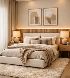 Quarto moderno com cama estofada e decoração aconchegante.
