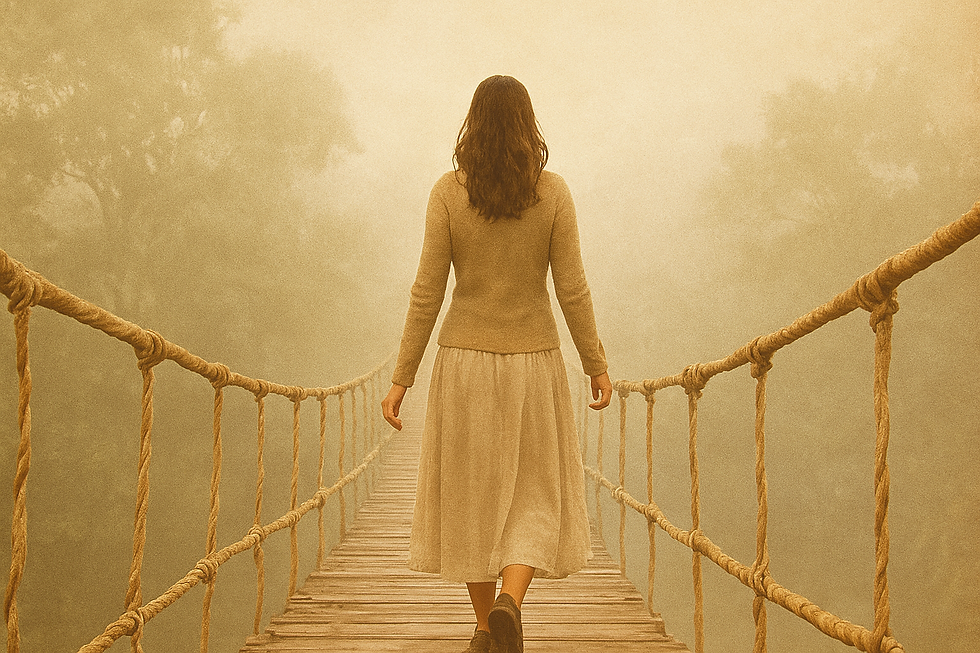 Mujer caminando sola sobre un puente de madera entre niebla, representando el proceso de transición personal