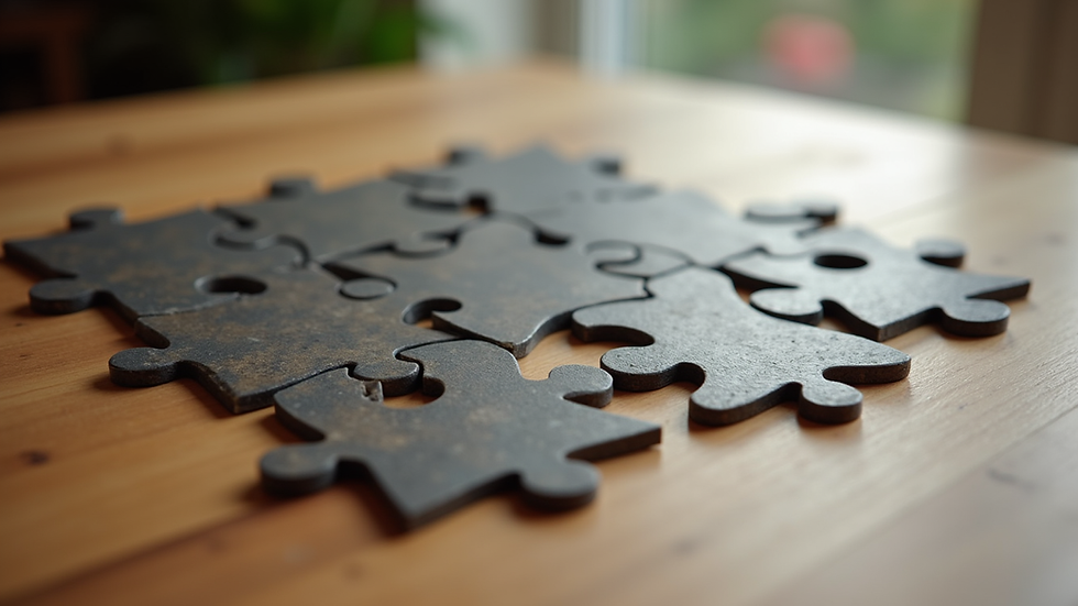 Eye-level view of a completed oddment puzzle displayed on a wooden table