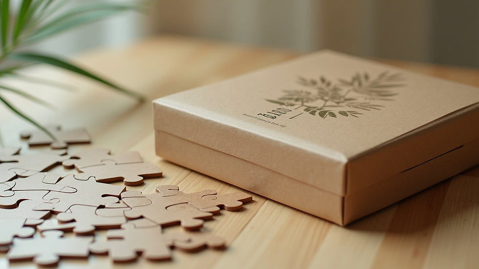 Eye-level view of a sustainable jigsaw puzzle box with eco-friendly packaging
