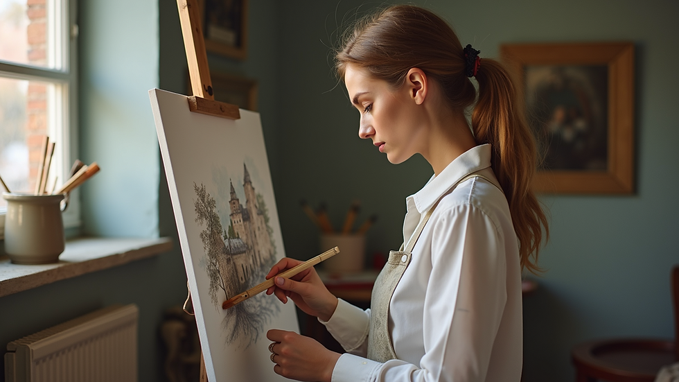 Eye-level view of Lola Kate painting in her studio