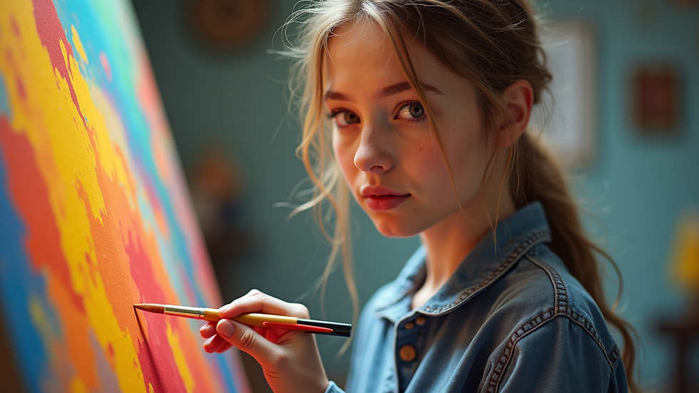 Eye-level view of Lola Kate painting a vibrant abstract piece