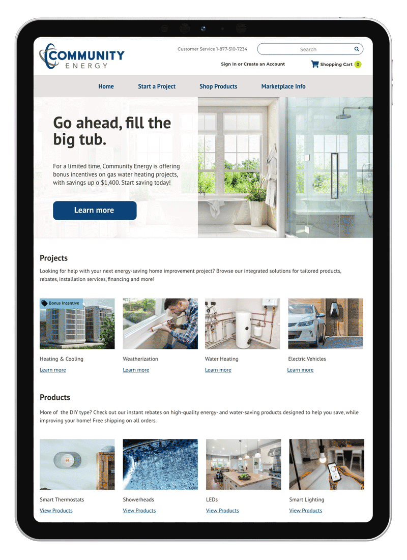 A tablet displaying the homepage for the project marketplace features a large banner with the headline” Go ahead, fill the big tub, This image on the tablet is an alternative to  a project detail page for home water heater projects. 