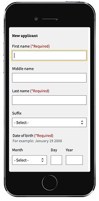 Iphone displaying form fields from the CHAMPVA benefits application for adding a new applicant to the application.