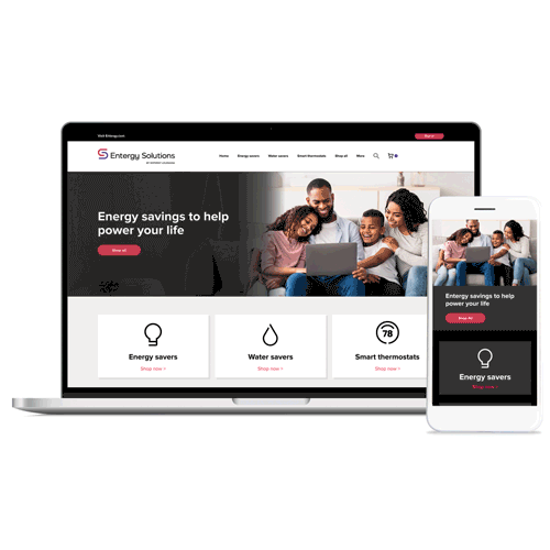 The updated Entergy ecommerce website with coordinating branding elements. The website features the product categories underneath a large banner image. To the left of the website image features a short video of the website on an iphone in dark mode that scrolls through the home page and then through a product page of a smart thermostat. 