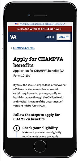 iphone displaying step by step information about how to apply for CHAMPVA benefits online