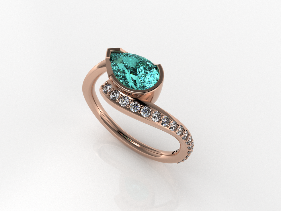 3D render of custom ring, angled view emphasizing swooping band design.