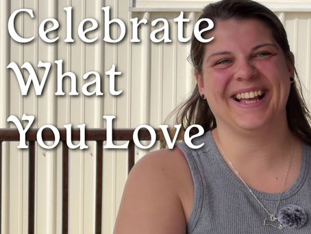 A screen shot of Jenn Rahn enjoying the interview, with the words, "Celebrate What You Love."