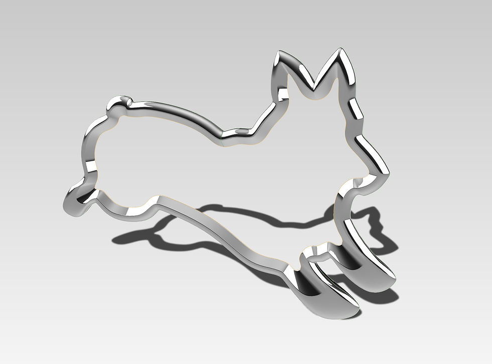 Shinny silver 3D model in progress, that is of a pendant shaped like a running corgi.