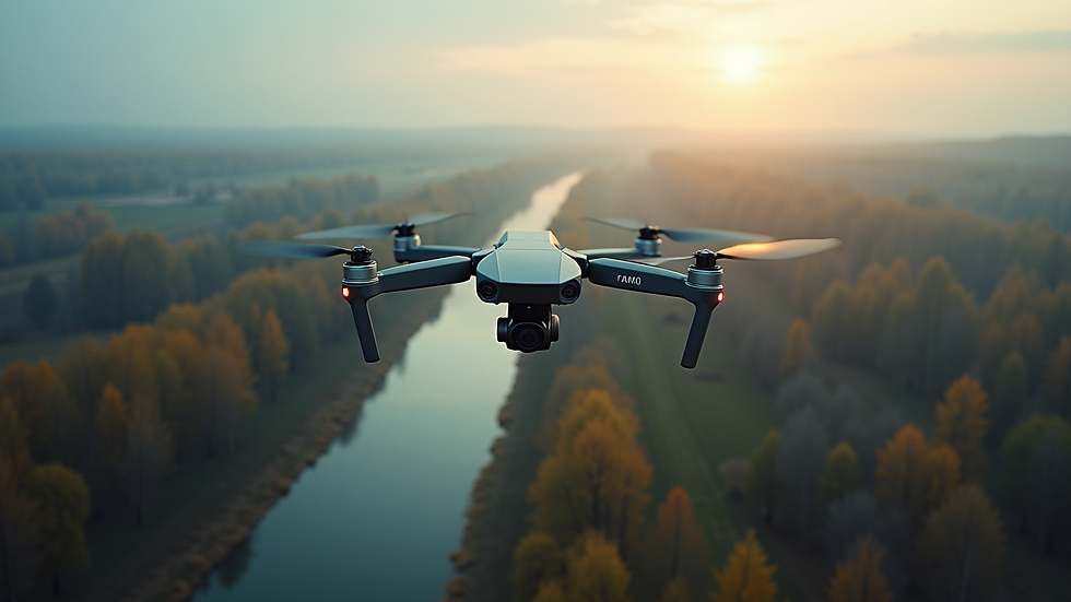 Pohled z ptačí perspektivy na městskou krajinu s dronem v letu