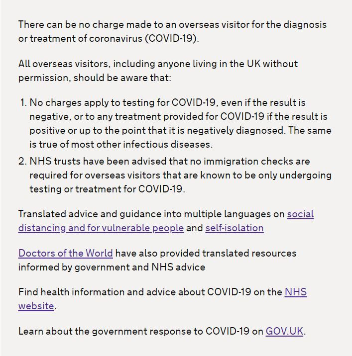 Migrants or visitors to Britain and testing or treatment for Coronavirus