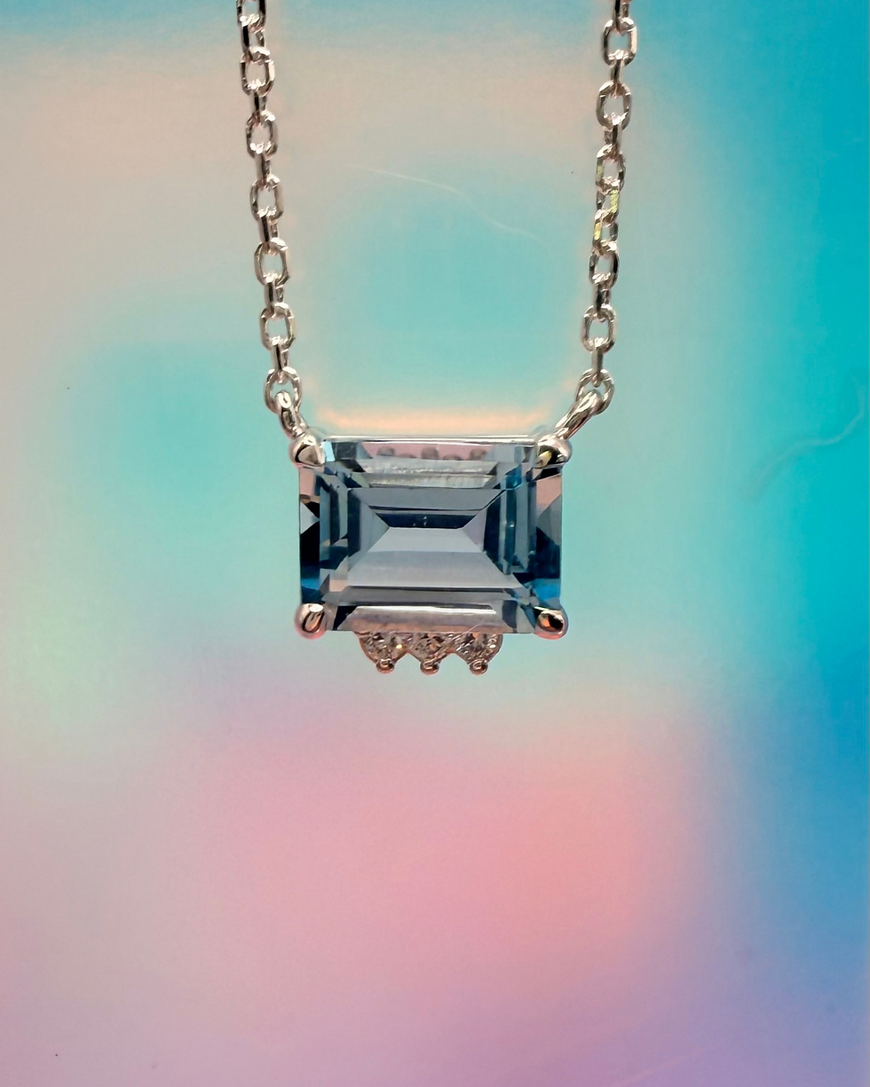 Thumbnail: Silver Natural Sky Blue Topaz and Diamond Necklace in Person View