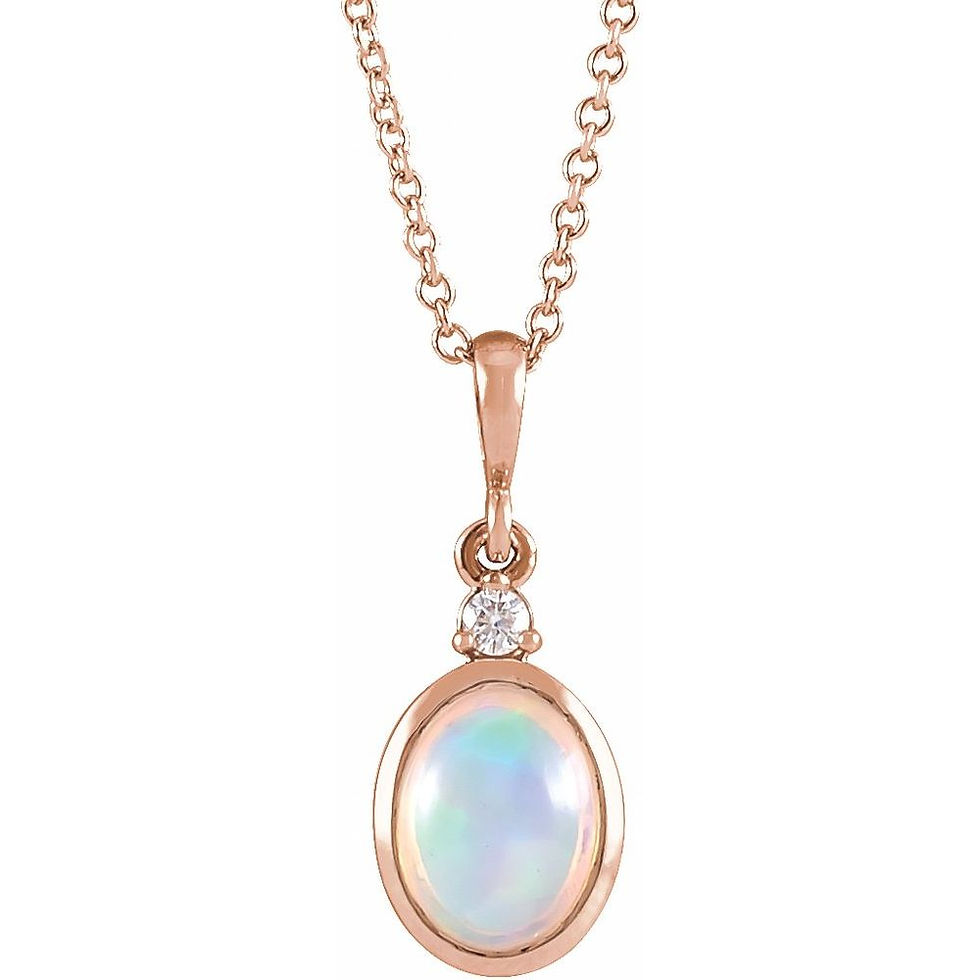 14K Rose Gold Natural Opal and Diamond Bezel Necklace Front View