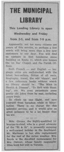 «The Municipal Library» Journal Les Pays-d’en-Haut, 27/01/1968