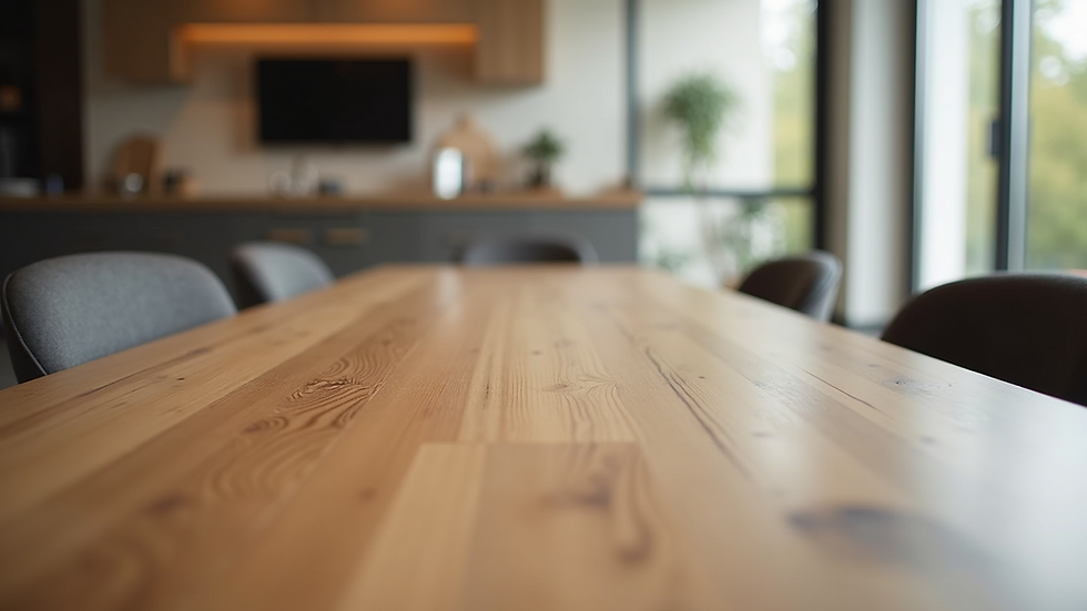 Eye-level view of a custom wooden dining table in a modern living room
