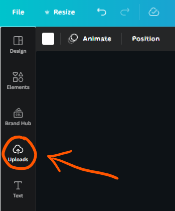 uploads button in the left tool bar
