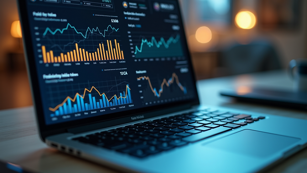 High angle view of a laptop screen showing financial graphs and reports