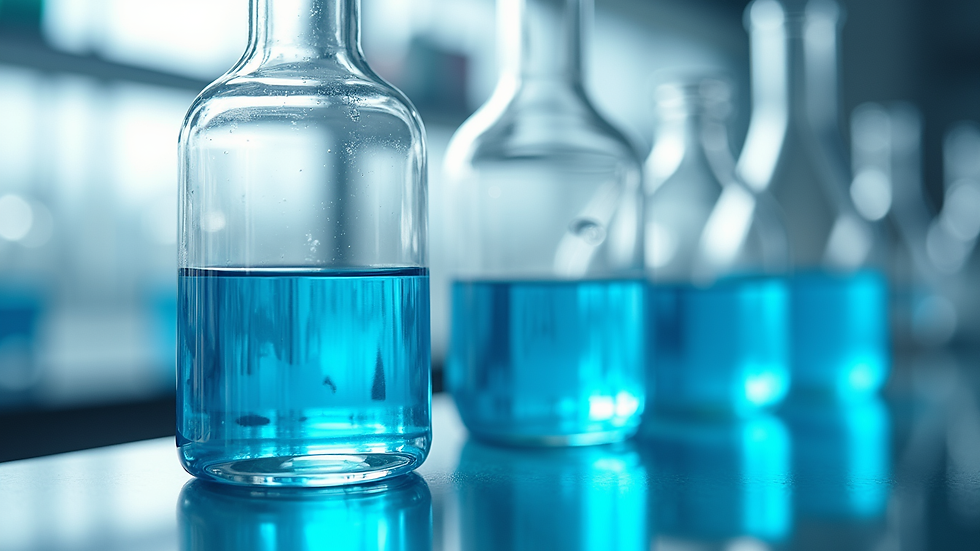 Eye-level view of laboratory glassware with blue solution of azul de metileno PA
