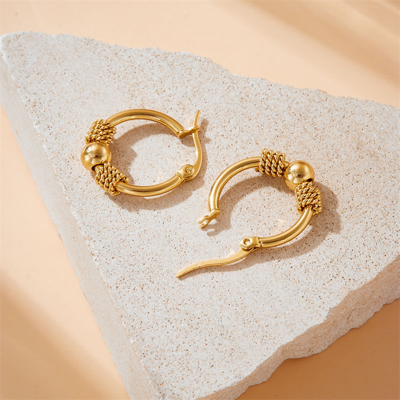 Thumbnail: DIEYURO 316L Stainless Steel Golden Hollow Woven Earrings