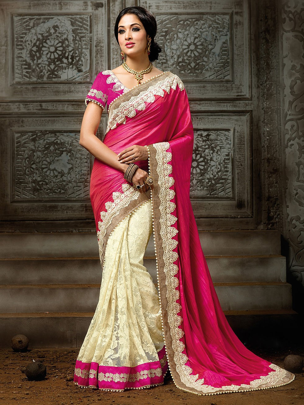 Thumbnail: CREAM AND PINK GEORGETTE SAREE WITH RESHAM WORK