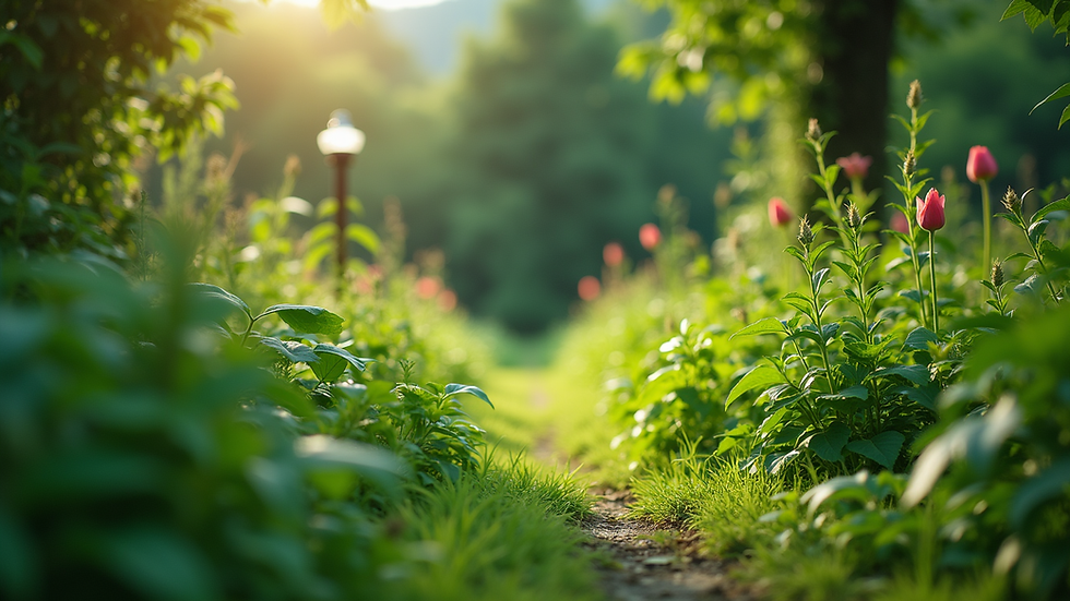 Eye-level view of a lush green garden with diverse plants